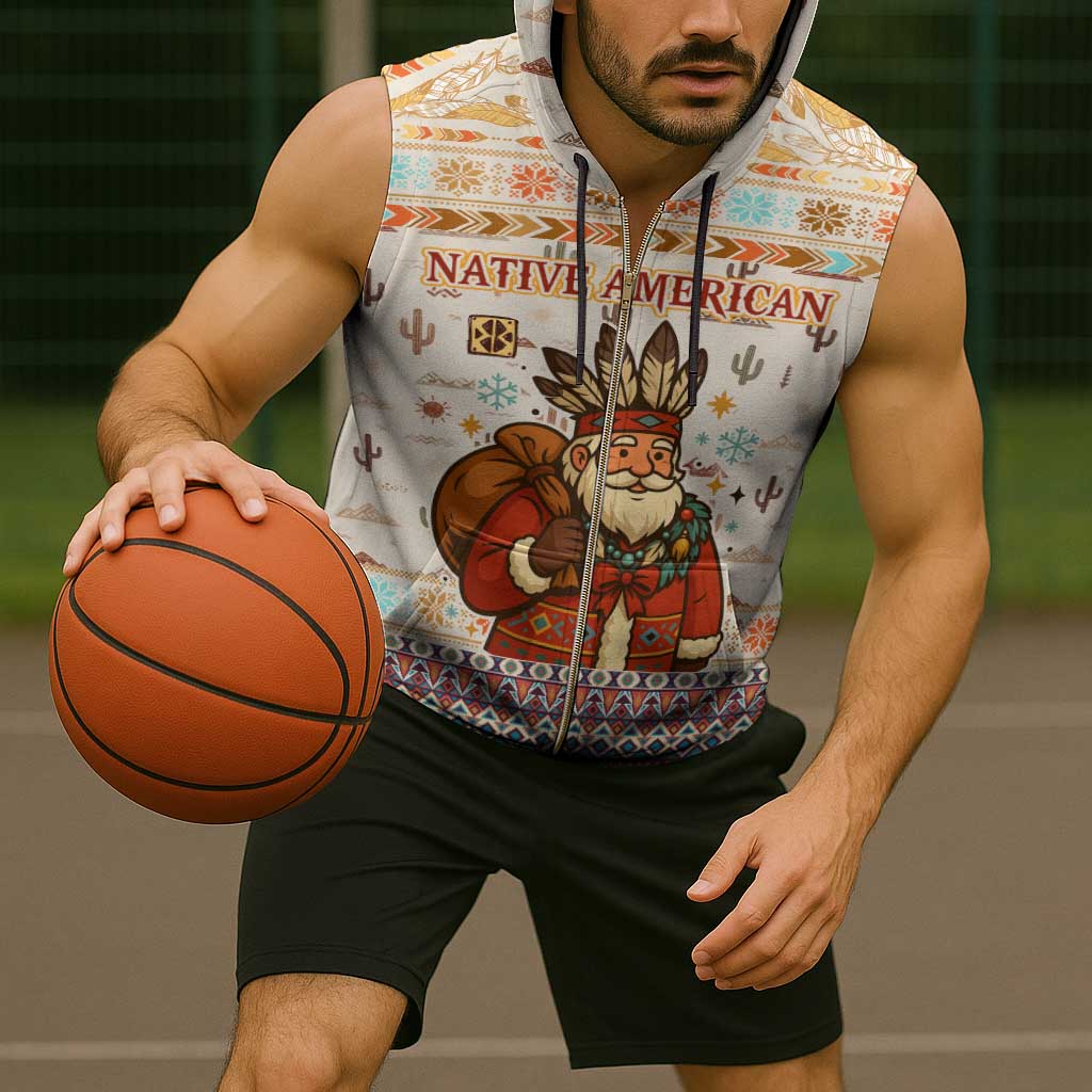 Native American Christmas Sleeveless Zip Hoodie with Beige Tribal Pattern Santa Claus and Dreamcatcher Motif - Wonder Print Shop