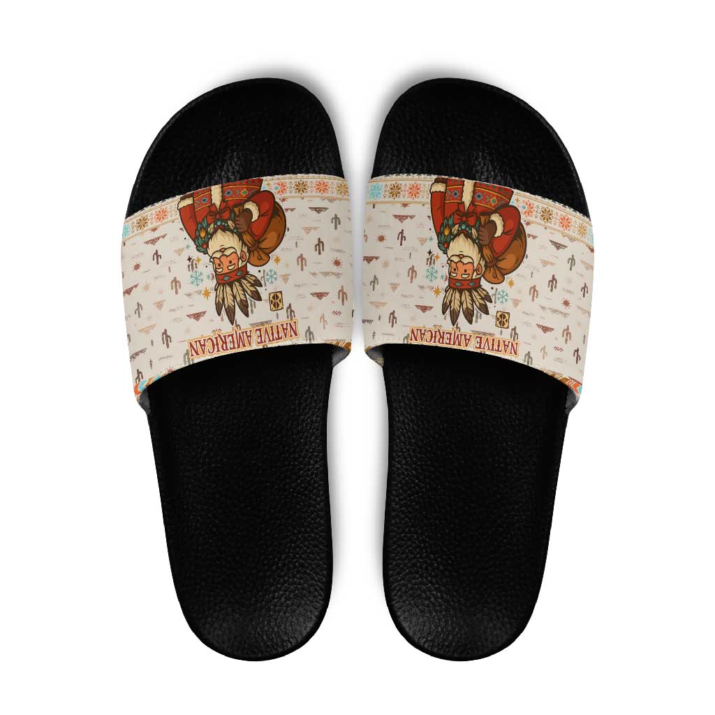 Native American Christmas Slide Sandals with Beige Tribal Pattern Santa Claus and Dreamcatcher Motif - Wonder Print Shop
