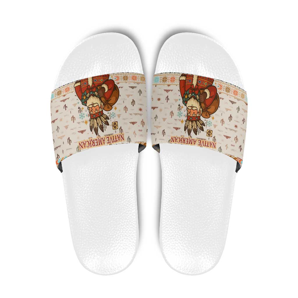 Native American Christmas Slide Sandals with Beige Tribal Pattern Santa Claus and Dreamcatcher Motif - Wonder Print Shop