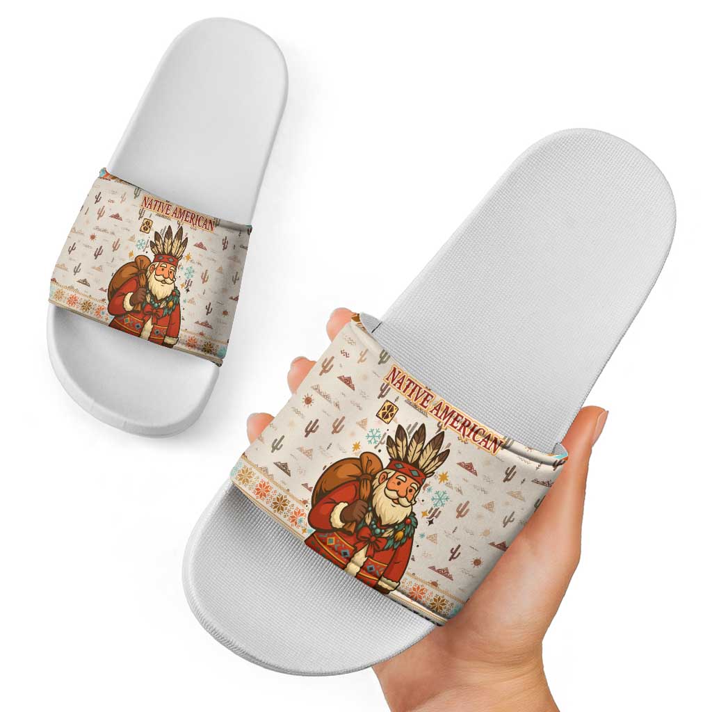 Native American Christmas Slide Sandals with Beige Tribal Pattern Santa Claus and Dreamcatcher Motif - Wonder Print Shop