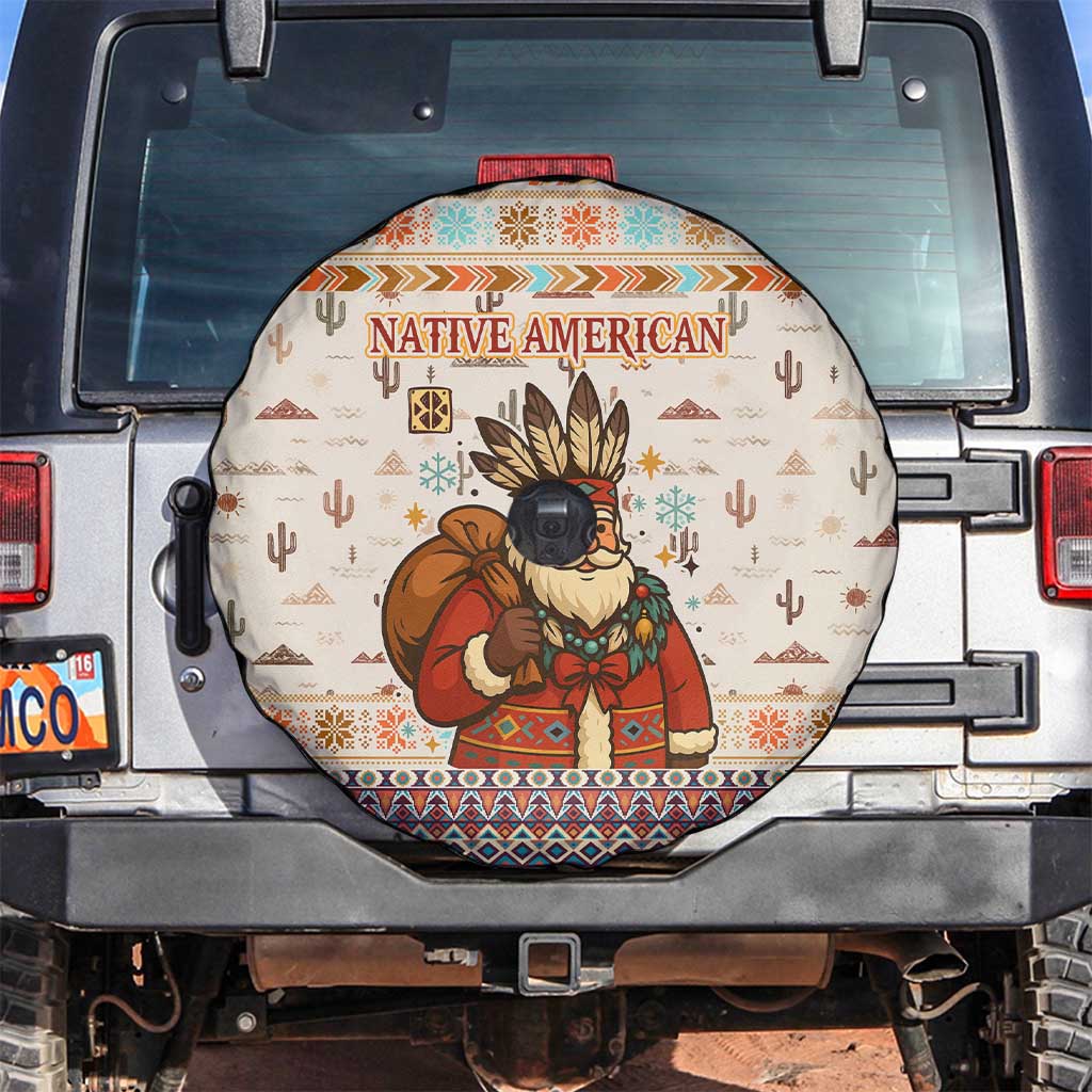 Native American Christmas Spare Tire Cover with Beige Tribal Pattern Santa Claus and Dreamcatcher Motif - Wonder Print Shop