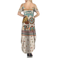 Native American Christmas Summer Maxi Dress with Beige Tribal Pattern Santa Claus and Dreamcatcher Motif - Wonder Print Shop
