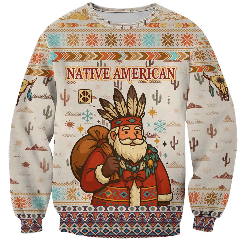 Native American Christmas Sweatshirt with Beige Tribal Pattern Santa Claus and Dreamcatcher Motif - Wonder Print Shop