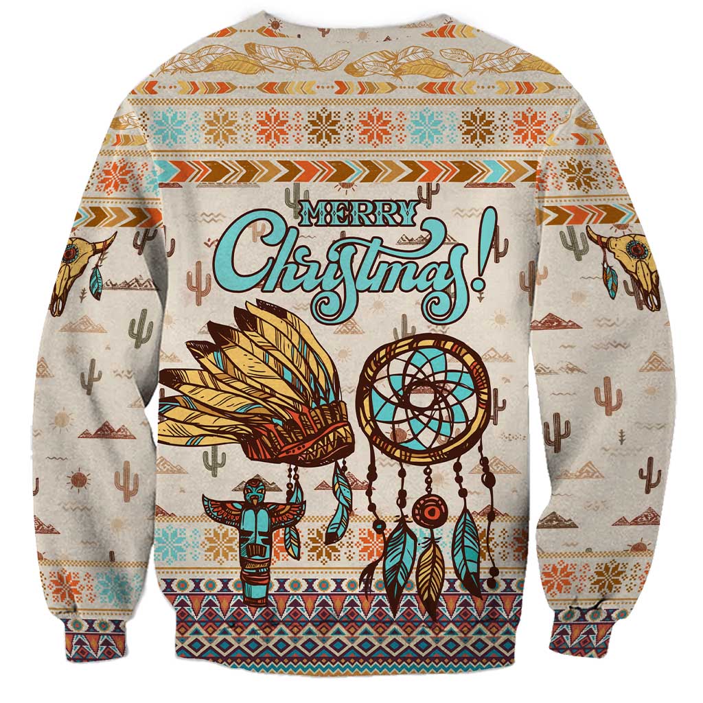 Native American Christmas Sweatshirt with Beige Tribal Pattern Santa Claus and Dreamcatcher Motif - Wonder Print Shop