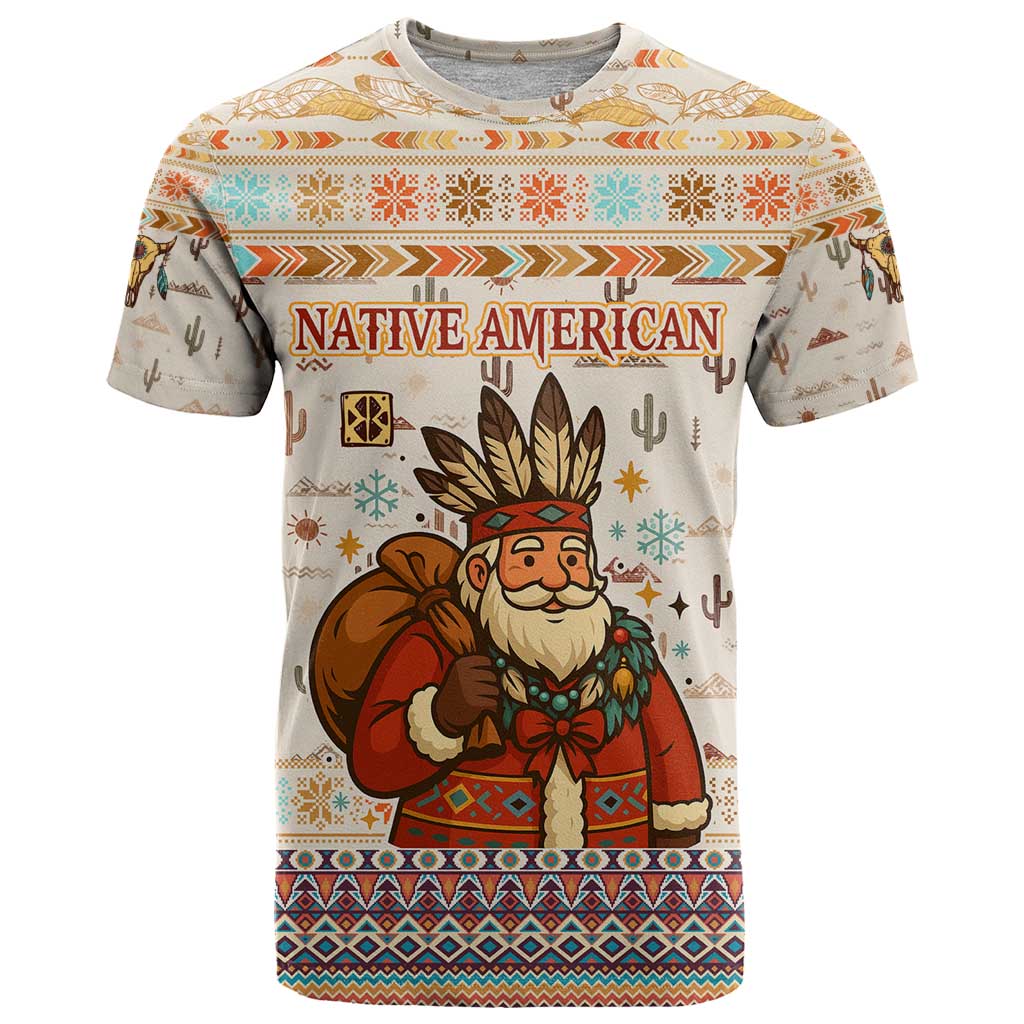 Native American Christmas T Shirt with Beige Tribal Pattern Santa Claus and Dreamcatcher Motif - Wonder Print Shop