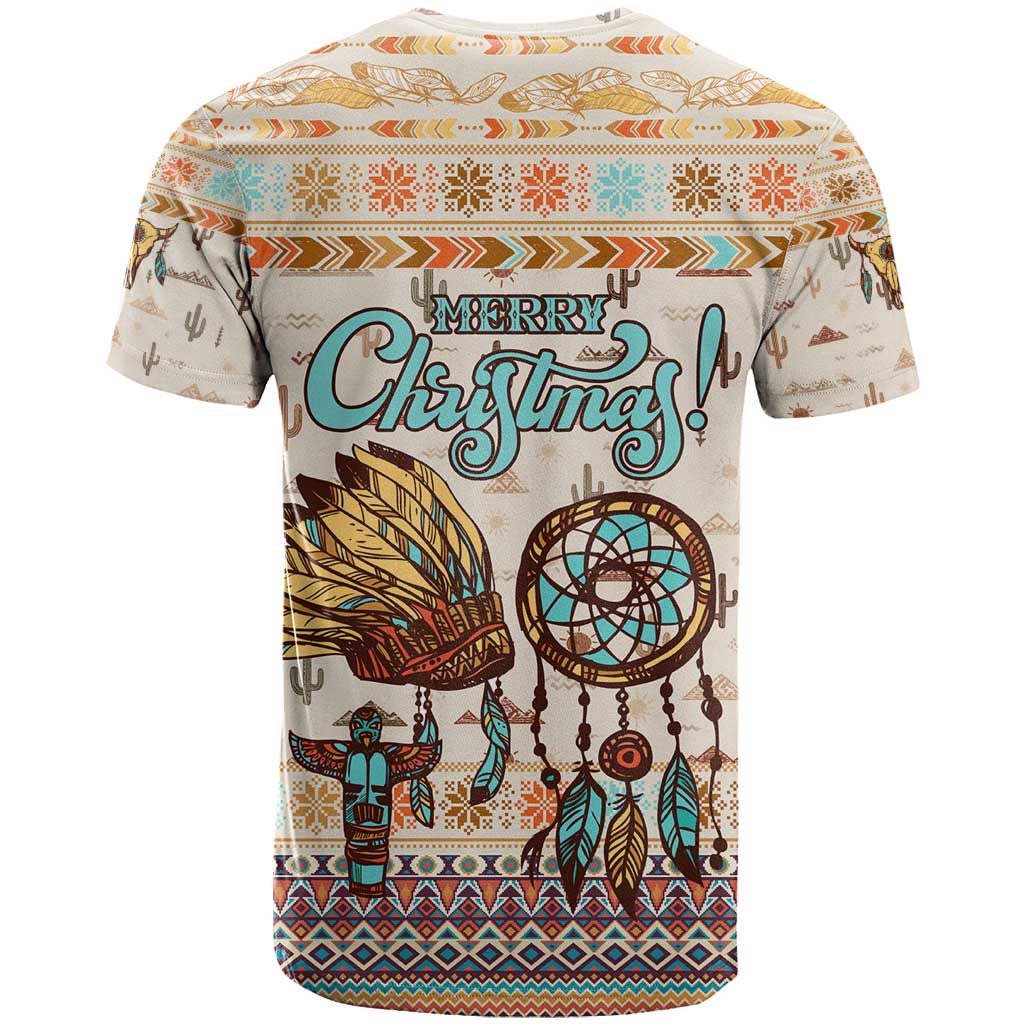 Native American Christmas T Shirt with Beige Tribal Pattern Santa Claus and Dreamcatcher Motif - Wonder Print Shop