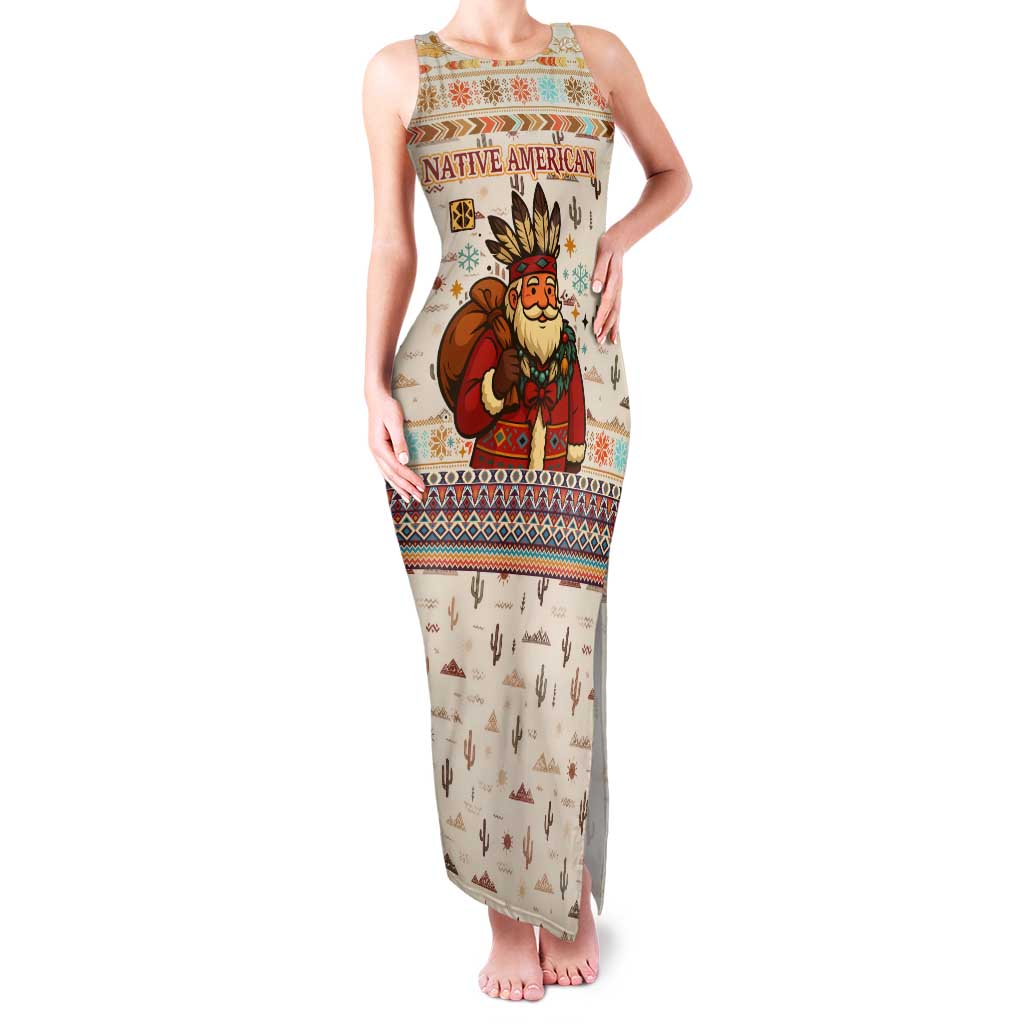 Native American Christmas Tank Maxi Dress with Beige Tribal Pattern Santa Claus and Dreamcatcher Motif - Wonder Print Shop