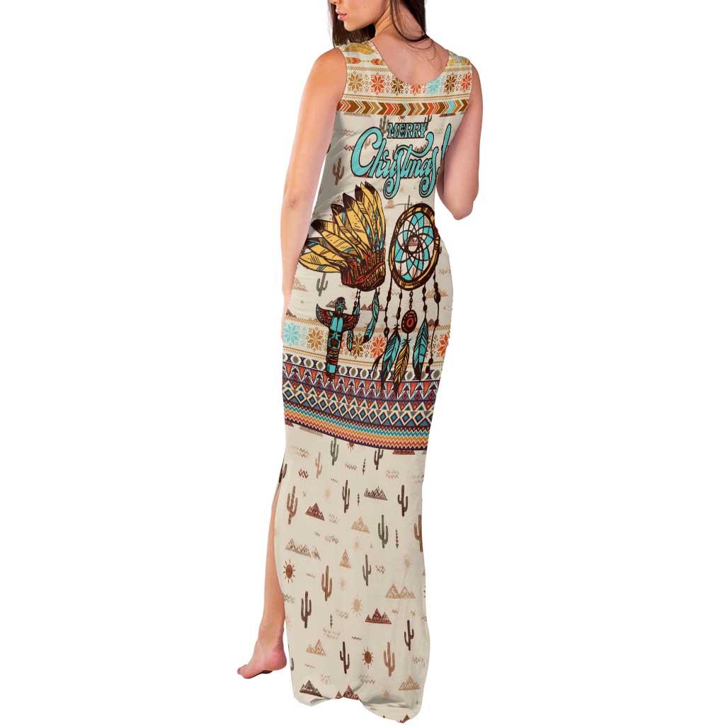 Native American Christmas Tank Maxi Dress with Beige Tribal Pattern Santa Claus and Dreamcatcher Motif - Wonder Print Shop