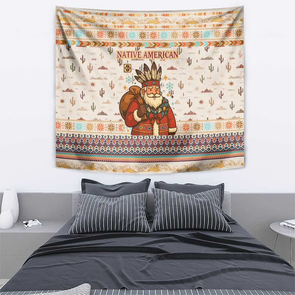 Native American Christmas Tapestry with Beige Tribal Pattern Santa Claus and Dreamcatcher Motif - Wonder Print Shop