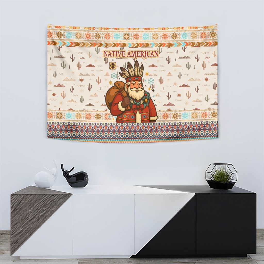 Native American Christmas Tapestry with Beige Tribal Pattern Santa Claus and Dreamcatcher Motif - Wonder Print Shop