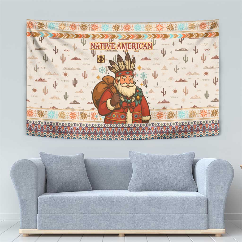 Native American Christmas Tapestry with Beige Tribal Pattern Santa Claus and Dreamcatcher Motif - Wonder Print Shop