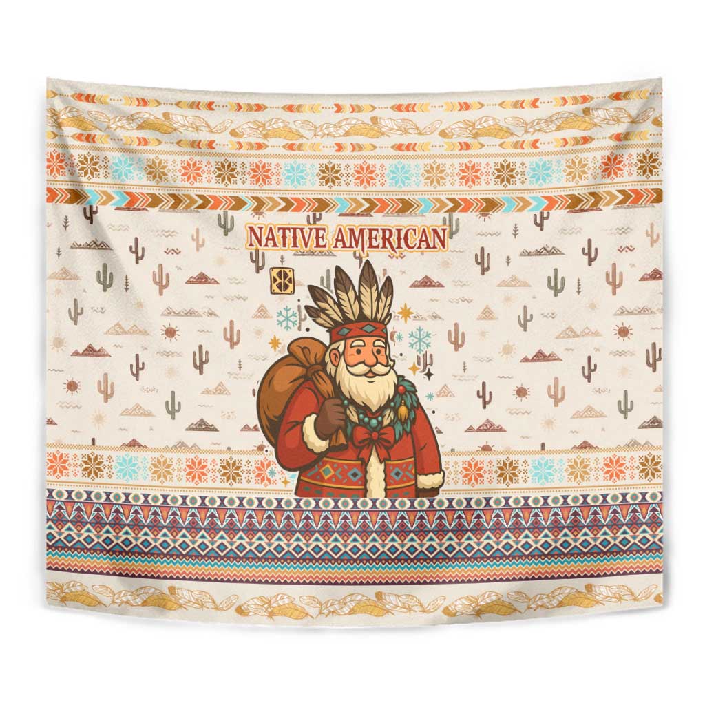 Native American Christmas Tapestry with Beige Tribal Pattern Santa Claus and Dreamcatcher Motif - Wonder Print Shop