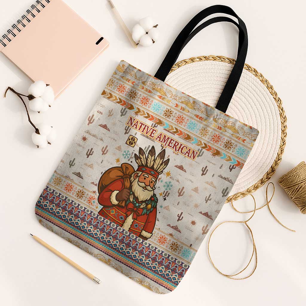 Native American Christmas Tote Bag with Beige Tribal Pattern Santa Claus and Dreamcatcher Motif - Wonder Print Shop