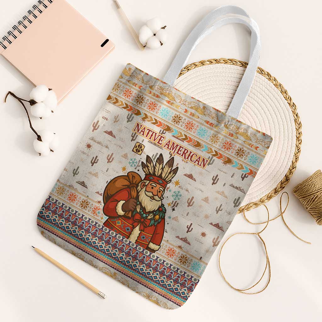 Native American Christmas Tote Bag with Beige Tribal Pattern Santa Claus and Dreamcatcher Motif - Wonder Print Shop
