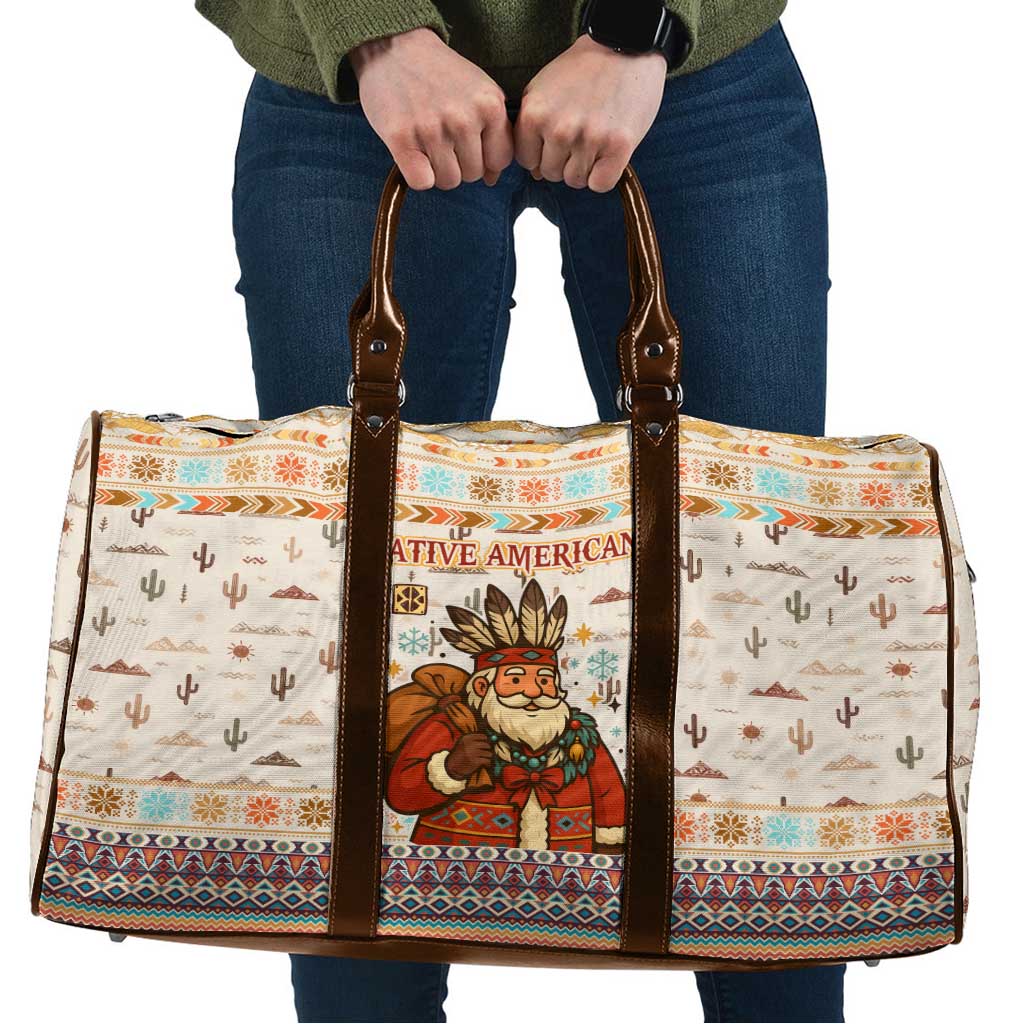 Native American Christmas Travel Bag with Beige Tribal Pattern Santa Claus and Dreamcatcher Motif - Wonder Print Shop