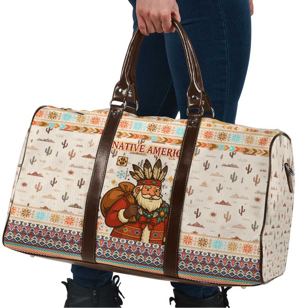 Native American Christmas Travel Bag with Beige Tribal Pattern Santa Claus and Dreamcatcher Motif - Wonder Print Shop