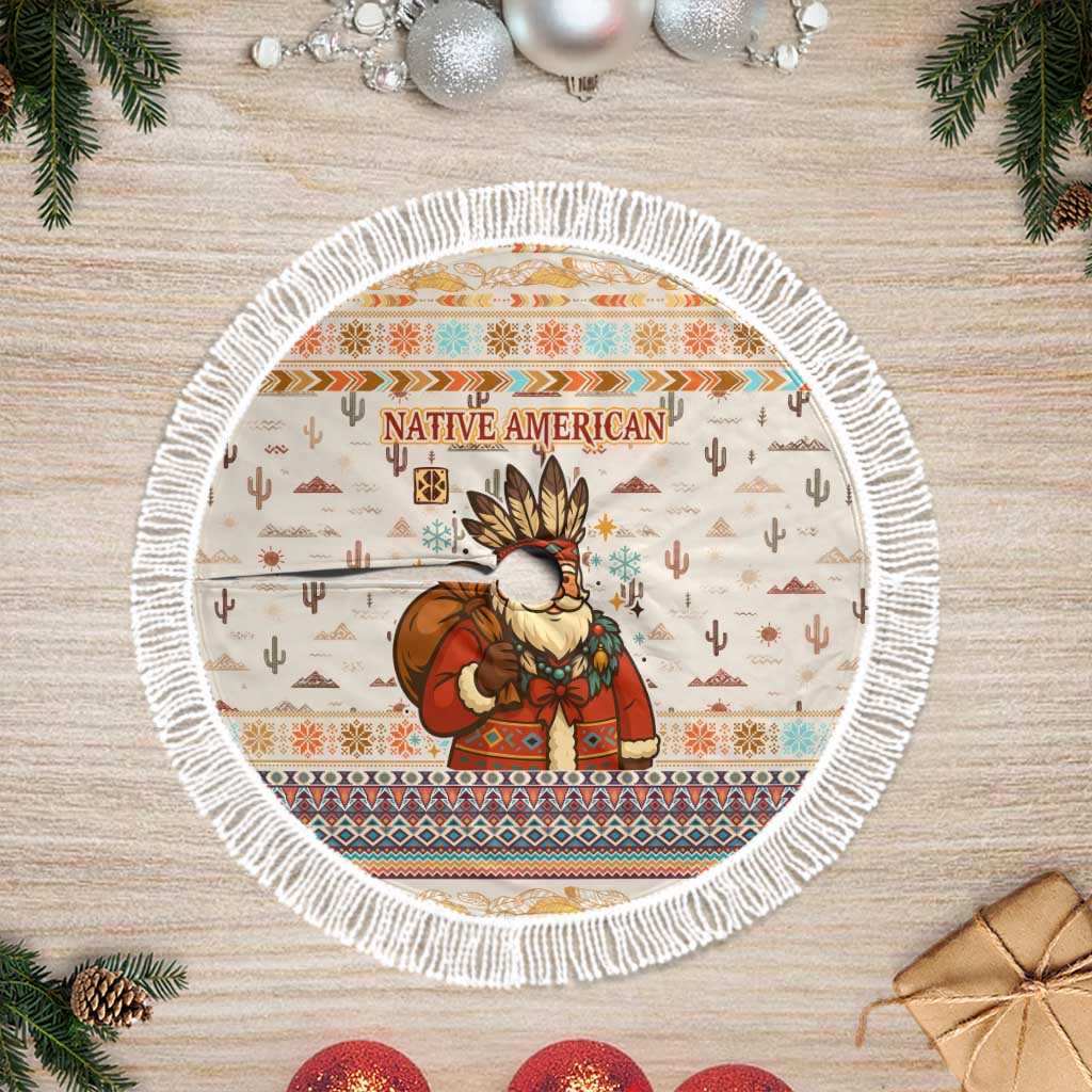 Native American Christmas Tree Skirt with Beige Tribal Pattern Santa Claus and Dreamcatcher Motif - Wonder Print Shop