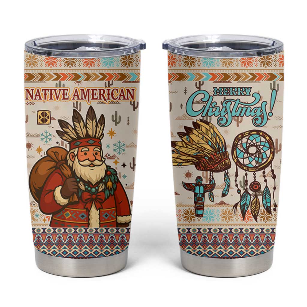 Native American Christmas Tumbler Cup with Beige Tribal Pattern Santa Claus and Dreamcatcher Motif - Wonder Print Shop