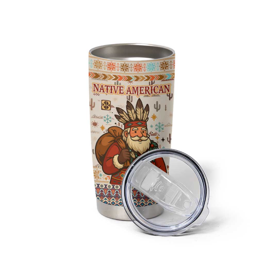 Native American Christmas Tumbler Cup with Beige Tribal Pattern Santa Claus and Dreamcatcher Motif - Wonder Print Shop