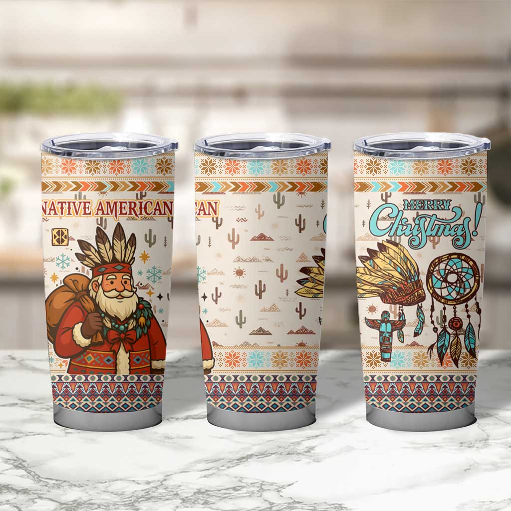 Native American Christmas Tumbler Cup with Beige Tribal Pattern Santa Claus and Dreamcatcher Motif - Wonder Print Shop