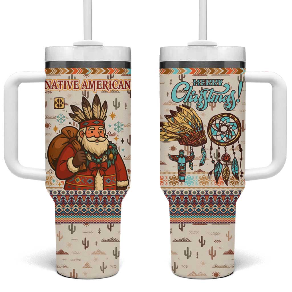 Native American Christmas Tumbler With Handle with Beige Tribal Pattern Santa Claus and Dreamcatcher Motif - Wonder Print Shop