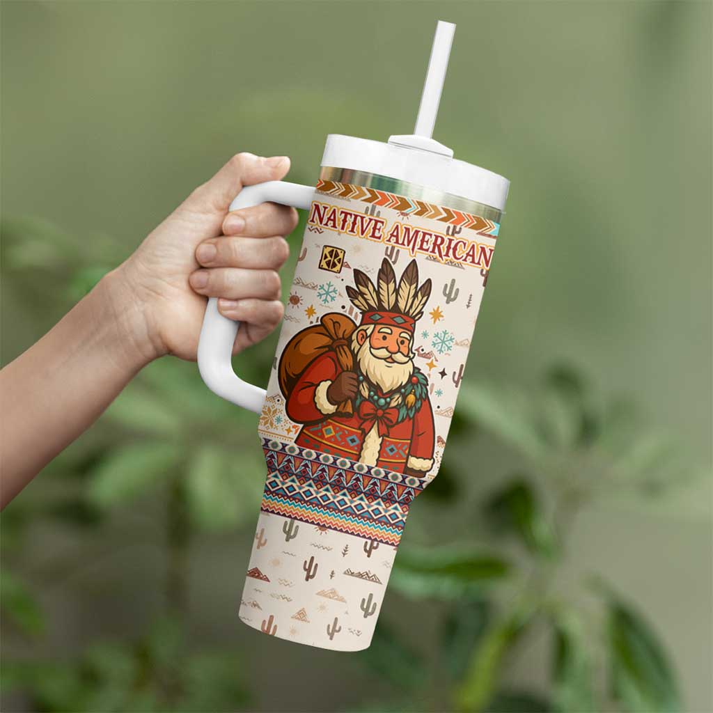 Native American Christmas Tumbler With Handle with Beige Tribal Pattern Santa Claus and Dreamcatcher Motif - Wonder Print Shop