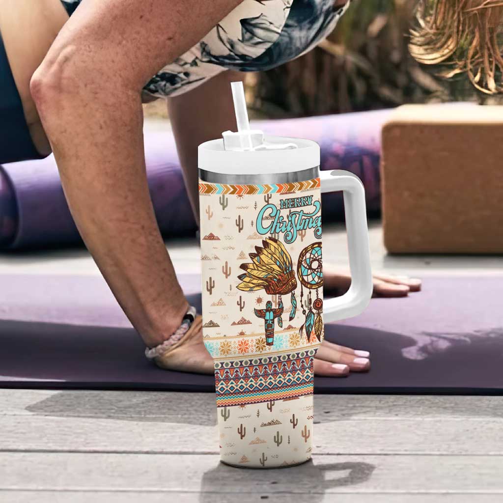 Native American Christmas Tumbler With Handle with Beige Tribal Pattern Santa Claus and Dreamcatcher Motif - Wonder Print Shop