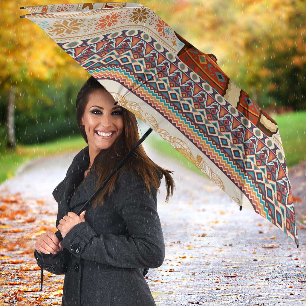Native American Christmas Umbrella with Beige Tribal Pattern Santa Claus and Dreamcatcher Motif - Wonder Print Shop