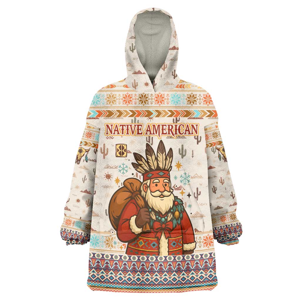 Native American Christmas Wearable Blanket Hoodie with Beige Tribal Pattern Santa Claus and Dreamcatcher Motif - Wonder Print Shop