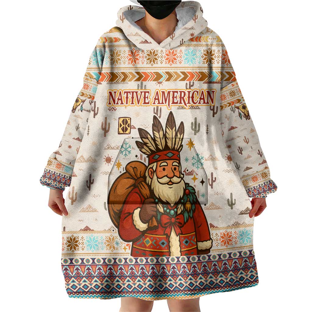 Native American Christmas Wearable Blanket Hoodie with Beige Tribal Pattern Santa Claus and Dreamcatcher Motif - Wonder Print Shop