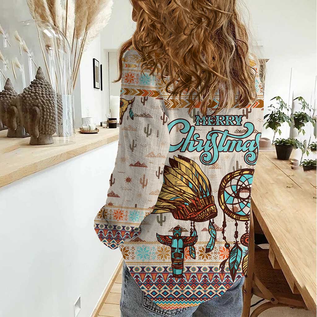 Native American Christmas Women Casual Shirt with Beige Tribal Pattern Santa Claus and Dreamcatcher Motif - Wonder Print Shop