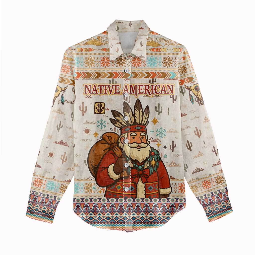 Native American Christmas Women Casual Shirt with Beige Tribal Pattern Santa Claus and Dreamcatcher Motif - Wonder Print Shop