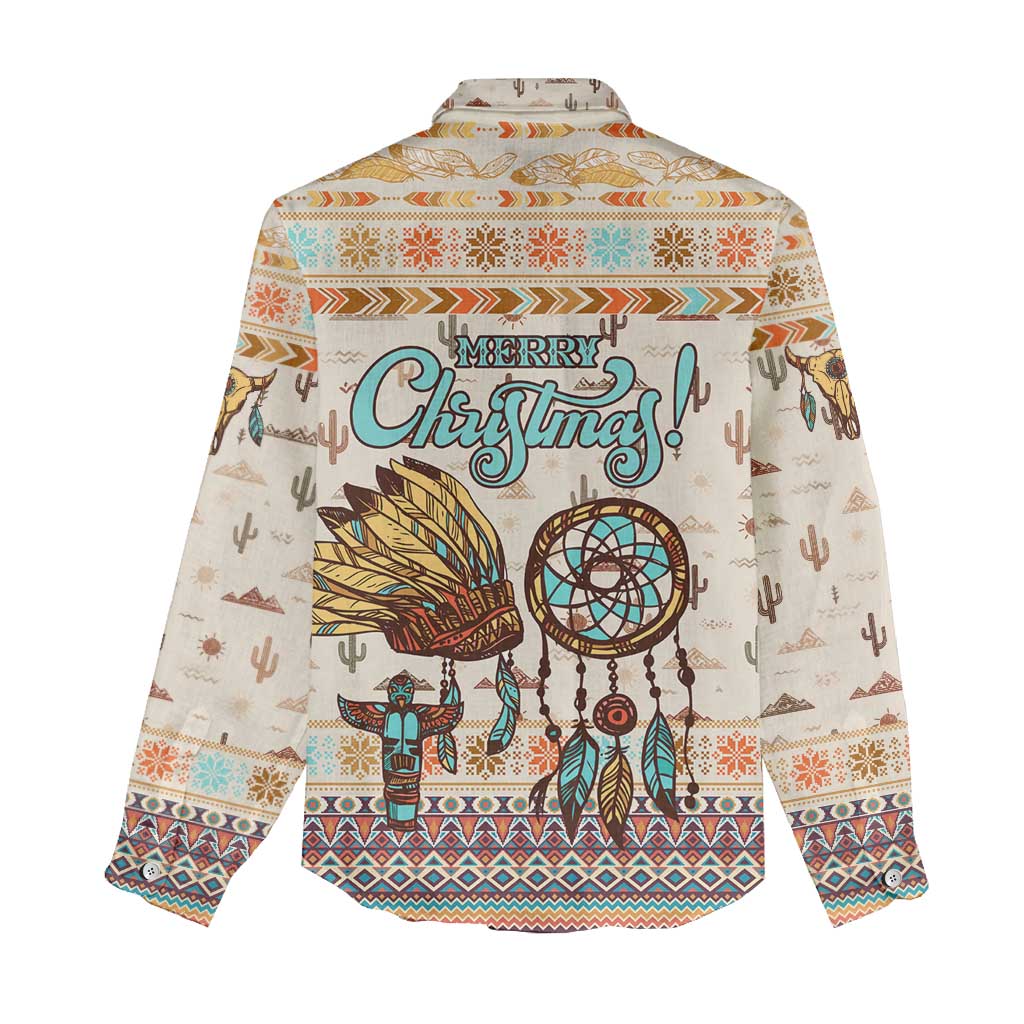 Native American Christmas Women Casual Shirt with Beige Tribal Pattern Santa Claus and Dreamcatcher Motif - Wonder Print Shop