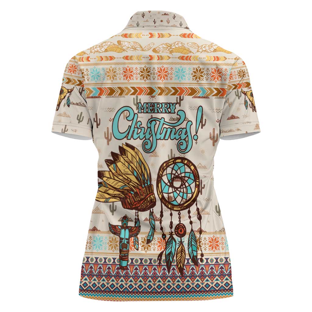 Native American Christmas Women Polo Shirt with Beige Tribal Pattern Santa Claus and Dreamcatcher Motif - Wonder Print Shop