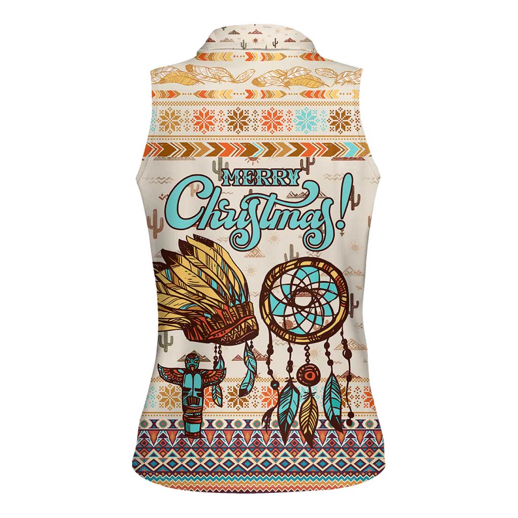 Native American Christmas Women Sleeveless Polo Shirt with Beige Tribal Pattern Santa Claus and Dreamcatcher Motif - Wonder Print Shop