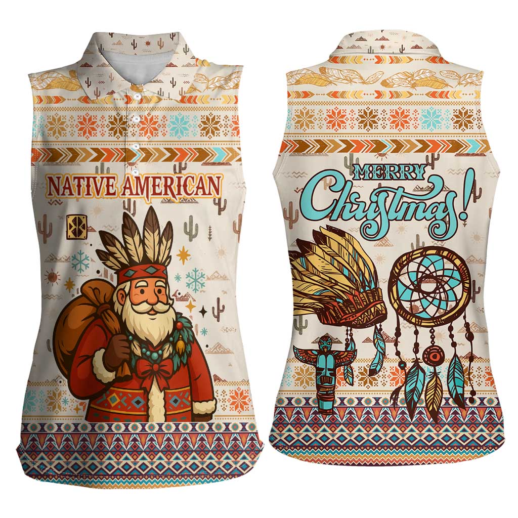 Native American Christmas Women Sleeveless Polo Shirt with Beige Tribal Pattern Santa Claus and Dreamcatcher Motif - Wonder Print Shop