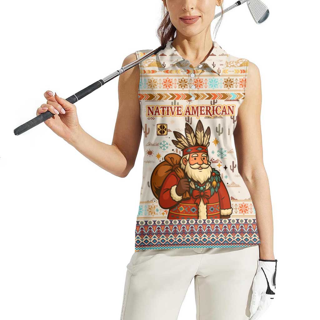 Native American Christmas Women Sleeveless Polo Shirt with Beige Tribal Pattern Santa Claus and Dreamcatcher Motif - Wonder Print Shop