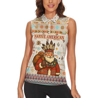 Native American Christmas Women Sleeveless Polo Shirt with Beige Tribal Pattern Santa Claus and Dreamcatcher Motif - Wonder Print Shop
