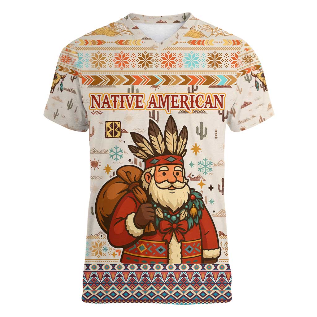 Native American Christmas Women V-Neck T-Shirt with Beige Tribal Pattern Santa Claus and Dreamcatcher Motif - Wonder Print Shop