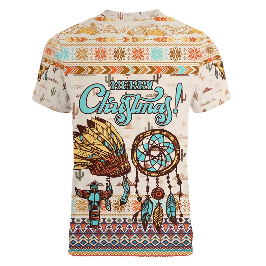 Native American Christmas Women V-Neck T-Shirt with Beige Tribal Pattern Santa Claus and Dreamcatcher Motif - Wonder Print Shop