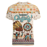 Native American Christmas Women V-Neck T-Shirt with Beige Tribal Pattern Santa Claus and Dreamcatcher Motif - Wonder Print Shop