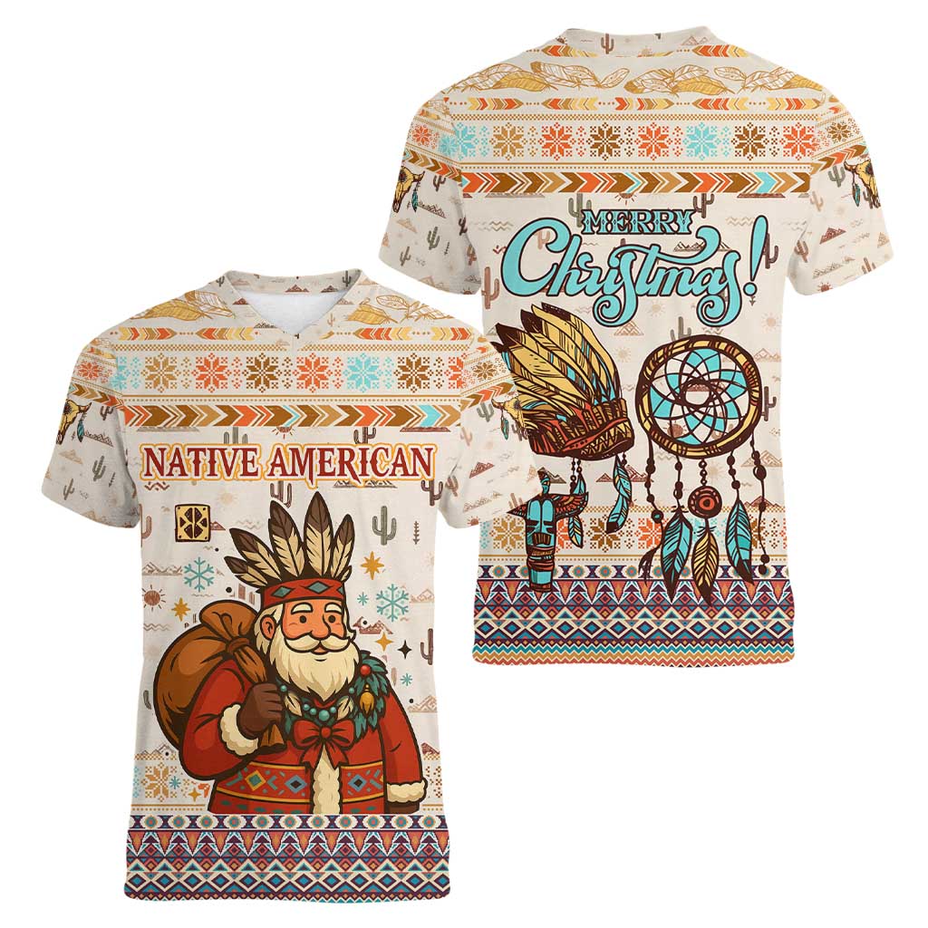 Native American Christmas Women V-Neck T-Shirt with Beige Tribal Pattern Santa Claus and Dreamcatcher Motif - Wonder Print Shop