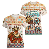 Native American Christmas Women V-Neck T-Shirt with Beige Tribal Pattern Santa Claus and Dreamcatcher Motif - Wonder Print Shop