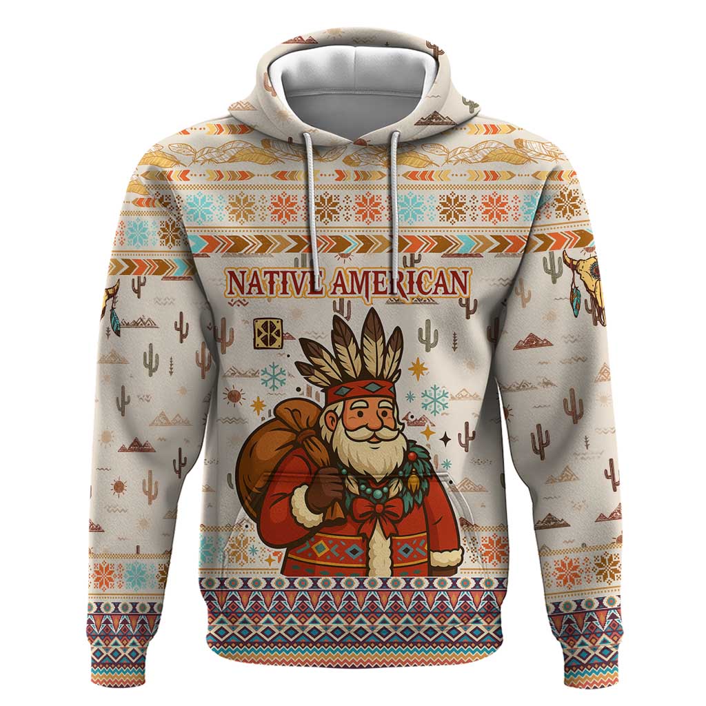 Native American Christmas Zip Hoodie with Beige Tribal Pattern Santa Claus and Dreamcatcher Motif - Wonder Print Shop