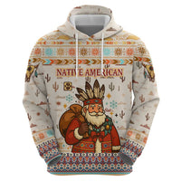 Native American Christmas Zip Hoodie with Beige Tribal Pattern Santa Claus and Dreamcatcher Motif - Wonder Print Shop