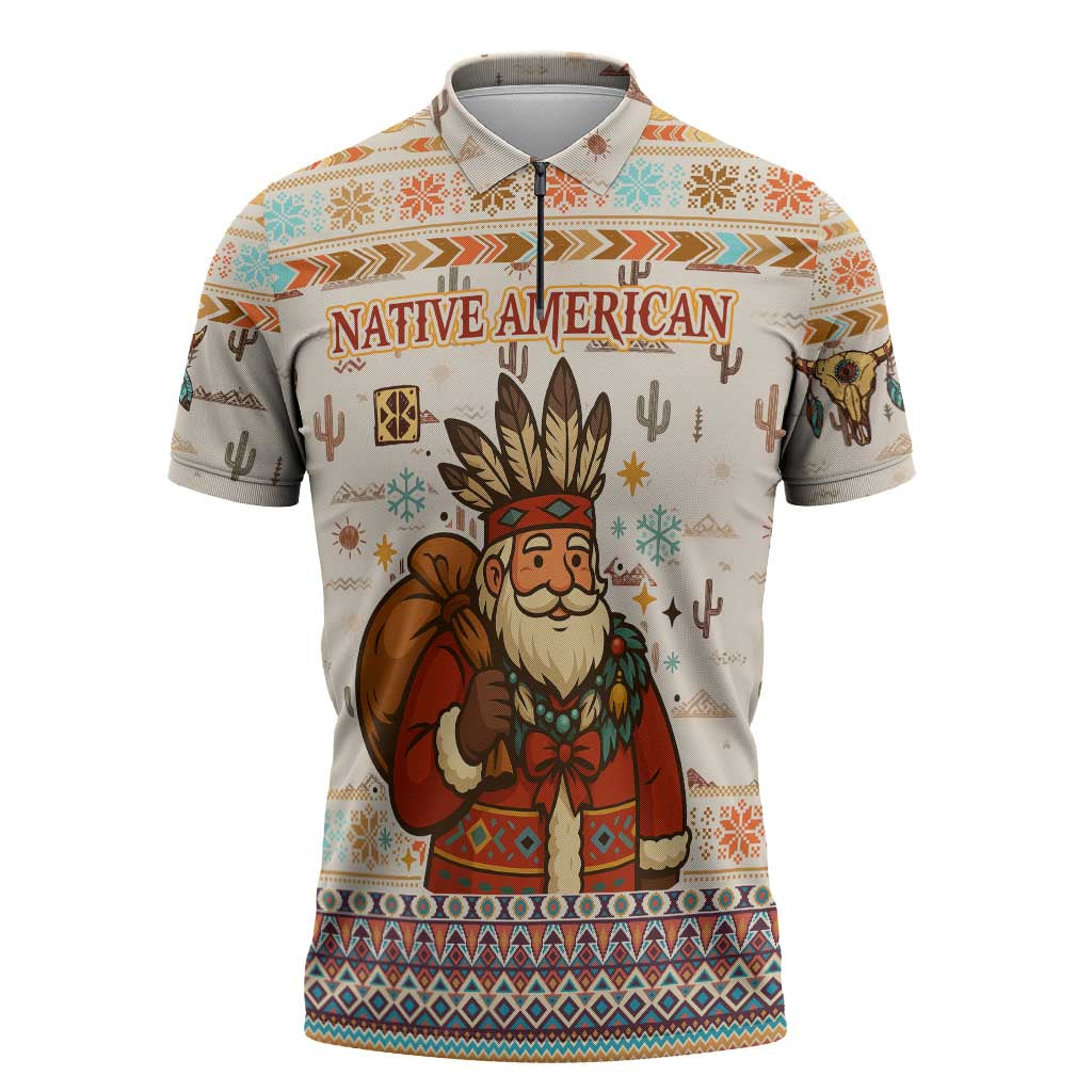 Native American Christmas Zipper Polo Shirt with Beige Tribal Pattern Santa Claus and Dreamcatcher Motif - Wonder Print Shop