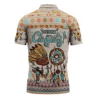Native American Christmas Zipper Polo Shirt with Beige Tribal Pattern Santa Claus and Dreamcatcher Motif - Wonder Print Shop