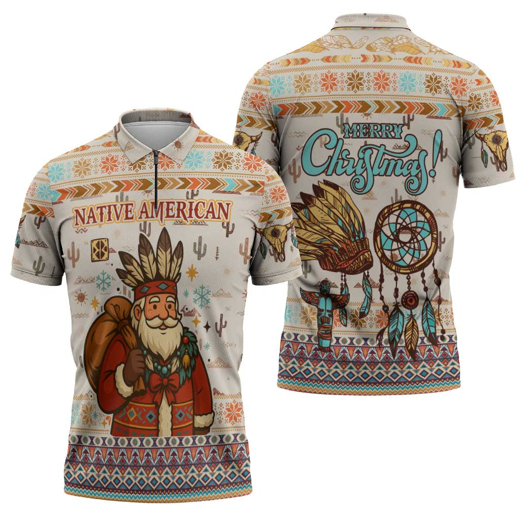 Native American Christmas Zipper Polo Shirt with Beige Tribal Pattern Santa Claus and Dreamcatcher Motif - Wonder Print Shop