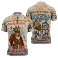 Native American Christmas Zipper Polo Shirt with Beige Tribal Pattern Santa Claus and Dreamcatcher Motif - Wonder Print Shop
