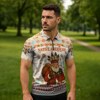 Native American Christmas Zipper Polo Shirt with Beige Tribal Pattern Santa Claus and Dreamcatcher Motif - Wonder Print Shop